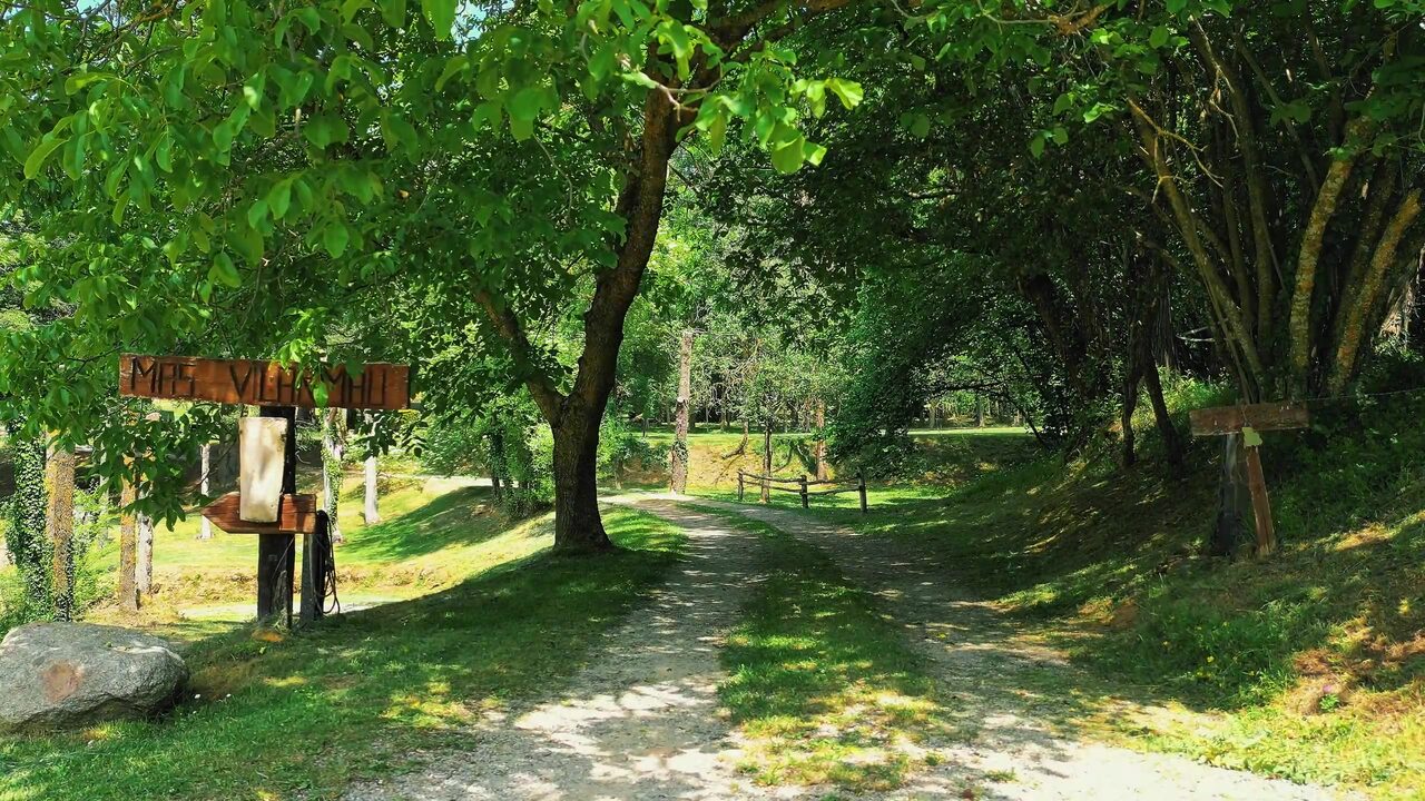El camino de entrada a Mas Vilarmau, con el rótulo de madera entre los árboles